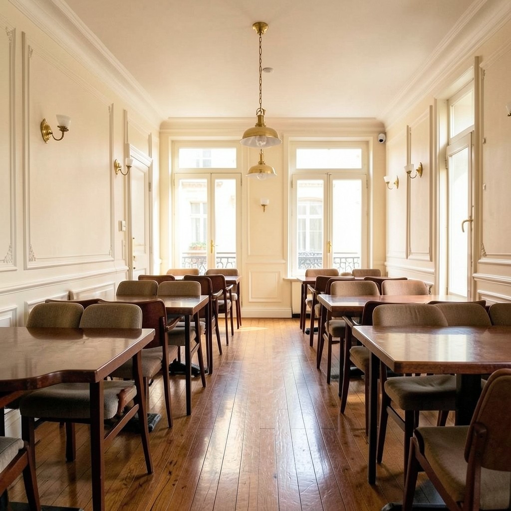 Salle de restaurant vide entre deux services avec chaises sur les tables
