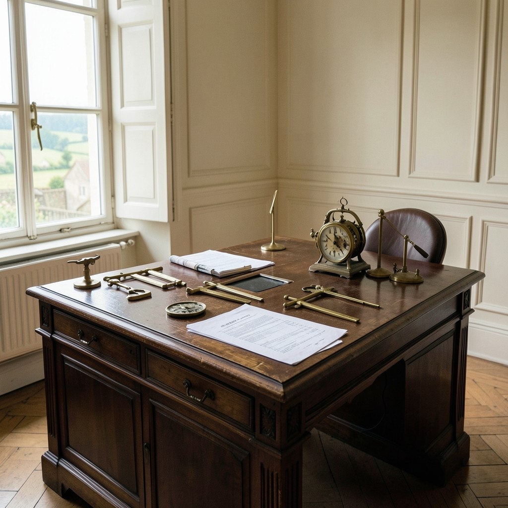 Cabinet de consultation avec instruments de mesure et dossiers de restauration